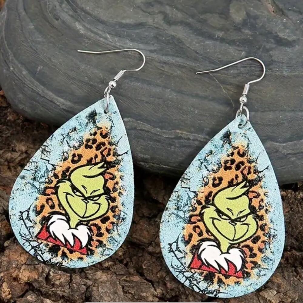 Faux leather‎ grinch Christmas earrings